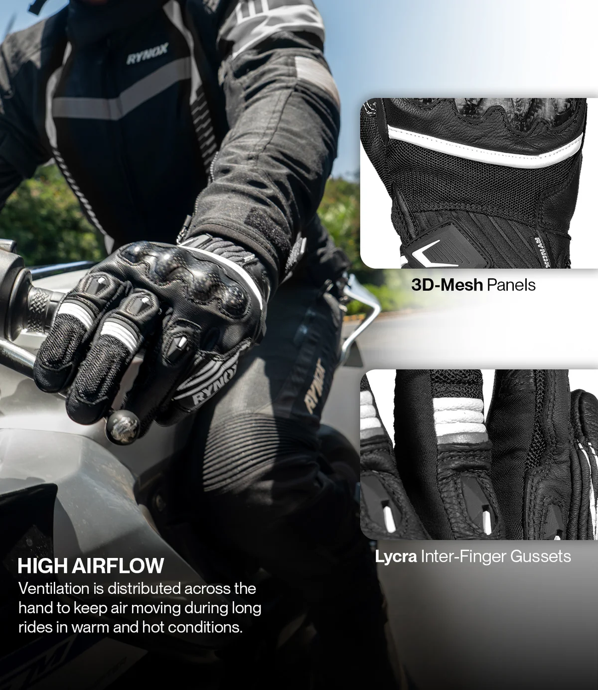 Rynox Tornado Pro 5 Gloves - Black White - Image 4